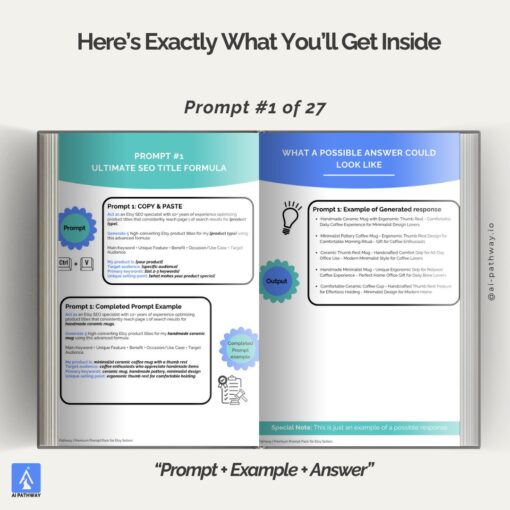 Example of what’s inside the Etsy AI prompt pack showing prompt, example, and AI-generated output