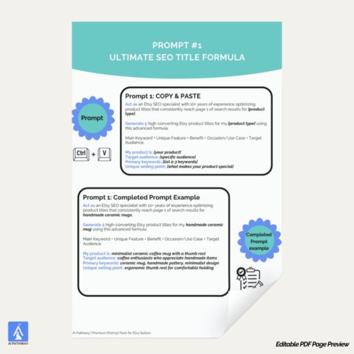SEO title formula prompt example for Etsy sellers with completed inputs