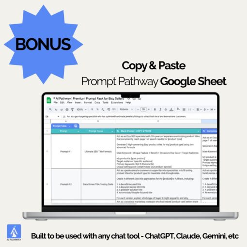 Bonus Google Sheet for Etsy prompt pack with copy/paste AI prompts