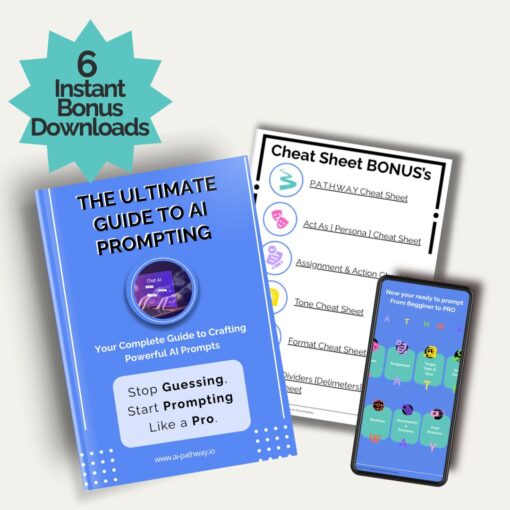 Complete AI Prompting bundle with ebook, mobile screen, and printable cheat sheets