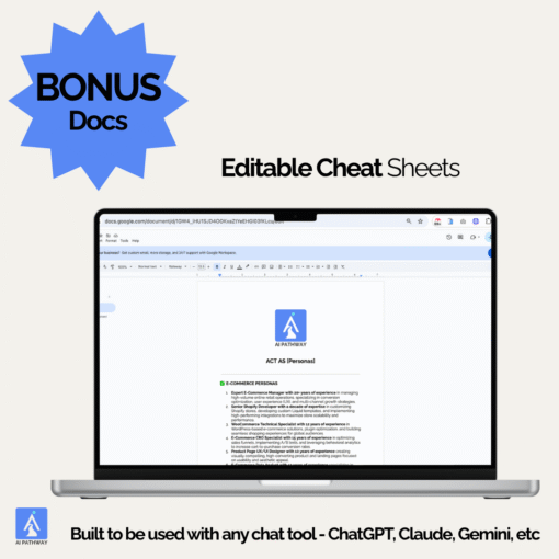 Laptop showing editable Google Doc cheat sheet for AI prompt personas