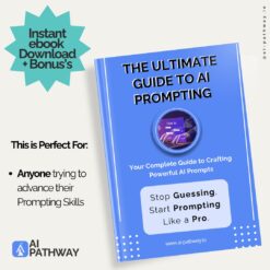 AI Prompting ebook cover showing blue digital book with tagline “Stop Guessing, Start Prompting Like a Pro”