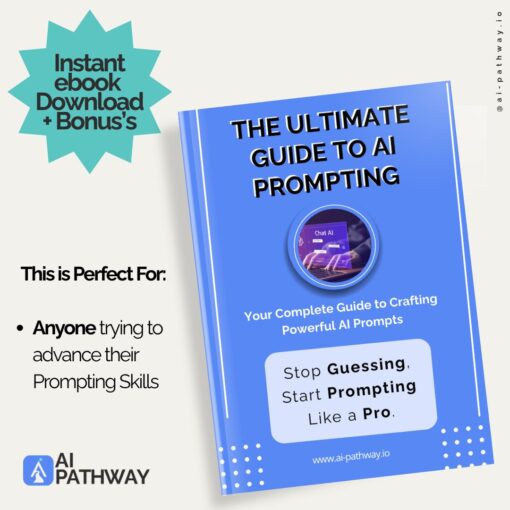AI Prompting ebook cover showing blue digital book with tagline “Stop Guessing, Start Prompting Like a Pro”