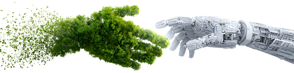 Corporate AI training for teams -Robotic hand shaking a hand made of green leaves