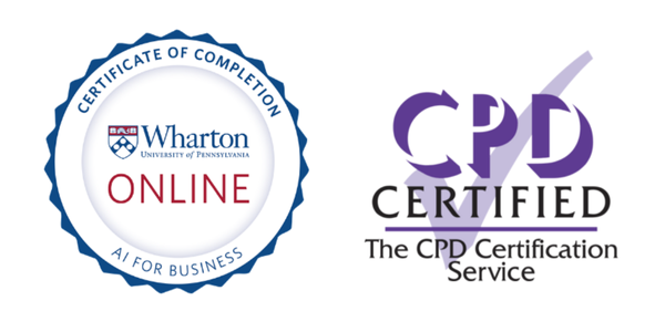 Wharton AI for Business Certificate badge and CPD AI Trainer certification earned by Kerry Clark